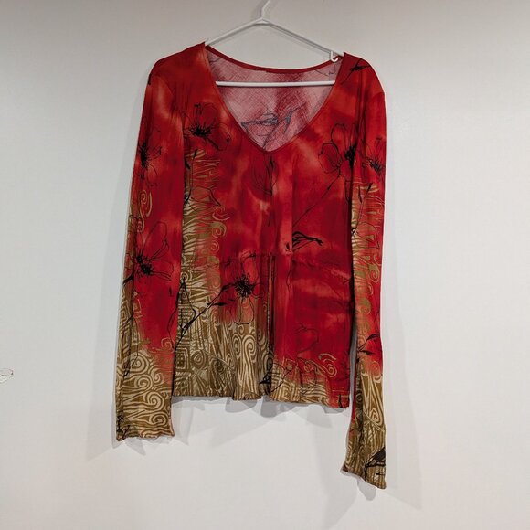 Unbranded Drawstring Cotton Blouse Made in Guatemala Red Tan Black Size 16 - Picture 1 of 5